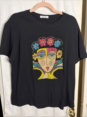 La diosa Black Graphic Floral Face Tee with rhinestone detailing